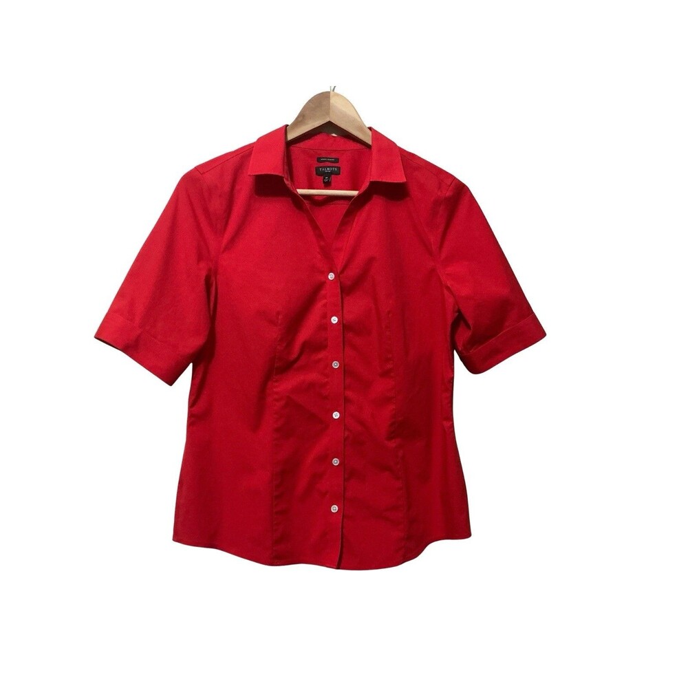 Talbots Button Front Shirt Petites 8P Red Wrinkle Resistant Stretch Short Sleeve